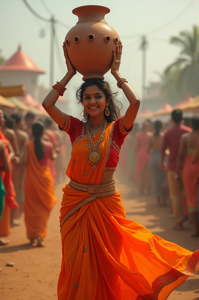 Jhijhiya festival image
" a 20 years girl wearing orange lehanga dancing with big earthen pot with many holes in it on her head" 4k image