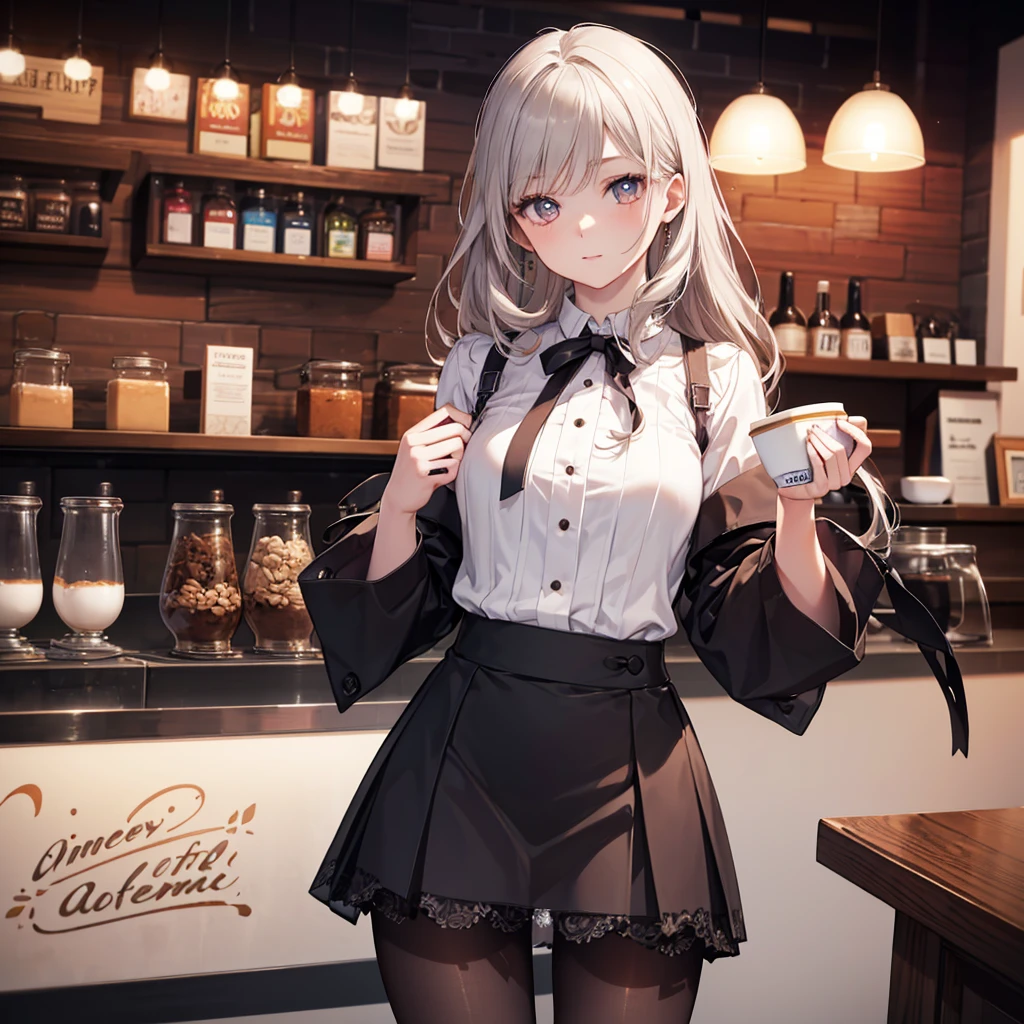CG, Unity, 8k, wallpaper, Highest quality, masterpiece, Lovely lady, 18-year-old, Gray Hair, White skin, (pantyhose:1.3), (Realistic:1.2), Best lighting, Complex pupil, Intricate weaving, Detailed Background,(Barista:1.2),Patterned blouse、Brown mini skirt、Transparent sleeves