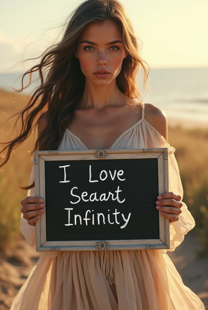 Beautiful girl with wavy long hair, bohemian dress, holding a white board with text "I Love Seaart Infinity" and showing it to the viewer