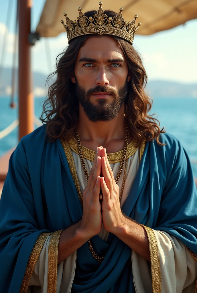 Perfect hand 5 finger, Portrait of a handsome Jesus Christ  wearing the indigo king clothes with king crown in the boat, Jesus Christ, real blue eyes, sunny day, intricate details.real Jesus Christ, straight head face, Straight body.Prayer Jesus Christ, perfect full body,  perfect hands finger,Prayer Jesus Christ, praying Jesus Christ backgrounds natural photographic