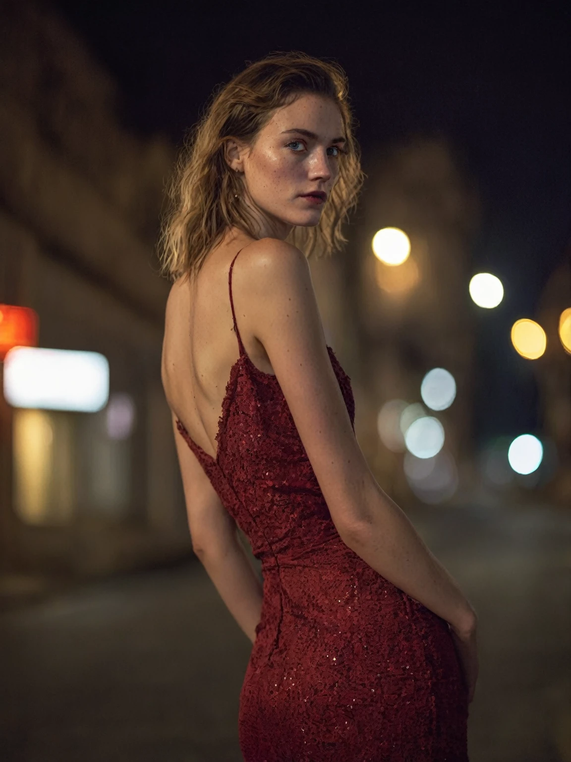 a fashion photo of a (beautiful german woman:1.2), (seducing gaze:1.2), standing on an abandoned street corner at night, wearing a red dress, telephoto photography, close-up of the upper body, intricate-detail, complex skin, subtle freckles, intricate hair, bokeh, (atmosphere:1.2), (confusion:1.3), soft ambient lighting