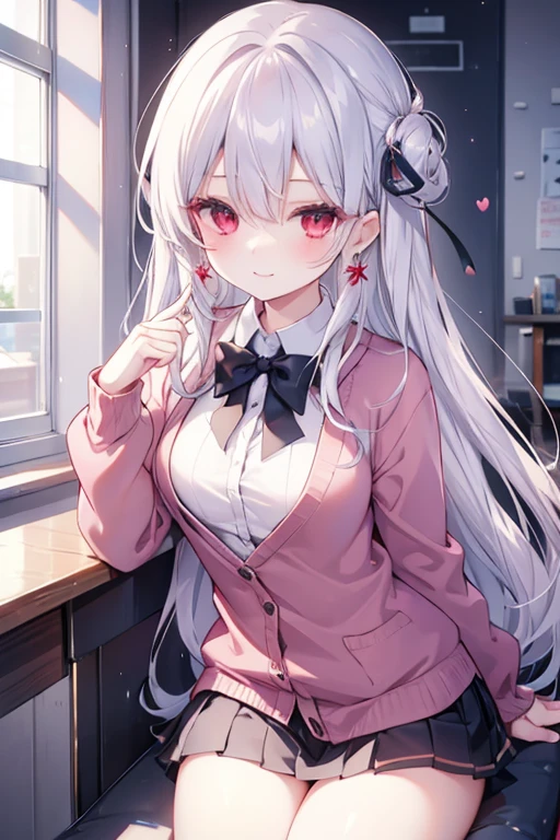 Silver hair red eyes、 girl、small breasts、long hair、smile、gal girl、wearing cute earrings、uniform、knit cardigan、With highlights around the eyes、cute hairpin、I can see the whole body、School