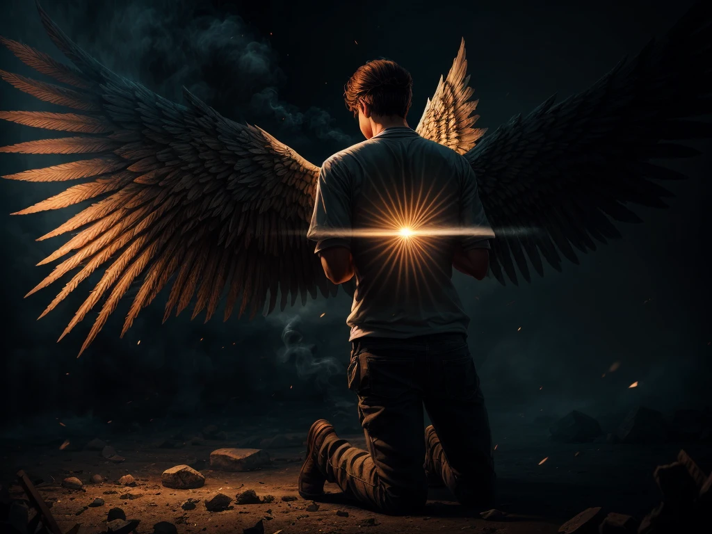 (s4w3d0ff), a man kneeling down with wings spread out and broken, a hyperrealistic painting by Olga Ibadullayeva, happening disgrace, the angels are crying, fallen angel, angels protecting a praying old man, angel protecting man, emotional picture, biblical accurate angel, biblically accurate angel, human need death angel, to fathom hell or go angelic, s4w3d0ff, etheric drawing. [Entire scene is surrounded by mist, evoking a mysterious and eerie atmosphere. The lighting is dark and atmospheric, with smoke and fog adding a touch of sinister ambiance. Best quality image, HDR enhancement, showcasing the utmost level of detail and realism]. [8K, Best Quality, Ultra High Resolution, (highly detailed CG unity 8k wallpaper), (best photo), (best shadows), isometric 3D, octane rendering, ray tracing, highly detailed, (Best quality, 4K, 8k:1.2), absurdity, ultra detailed, (realistic, photorealistic, photorealistic:1.37), complex parts, HDR, (complex parts:1.12), (hyper detailed, hyper realistic, Soft lighting, spicy:1.2), (complex parts, Hyper detailed:1.15). Blurred foreground. (backlit), masterpiece, high quality, brightness, chromatic aberration, foggy smoke, shadows, contrast, (warm hue, warm tone), high details, natural reflections].