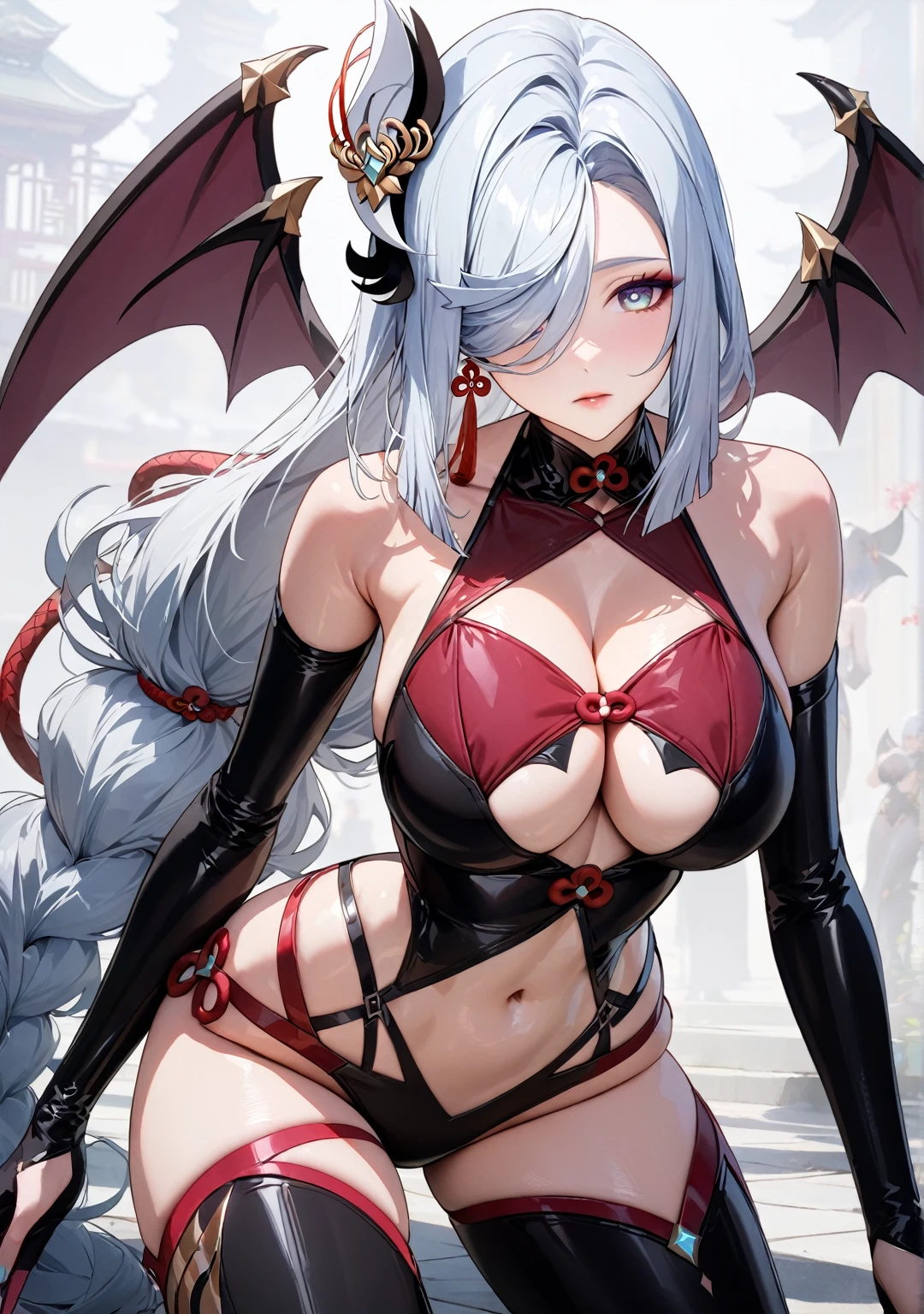 (highest quality:1.2, Ultra-high resolution, High Detail, masterpiece:1.3, highest quality, Best aesthetics), ((shenhe_\(genshin_impact\), long_hair, large breasts, hair_over_one_eye, hair_ornament, bangs, alternate costume)), (Succubus, Succubus, Succubus, Sexy Suit, Devil&#39;s Wings, Body Paint), Emphasis on individuality and uniqueness, Beautiful and beautiful eyes, Beautiful Lips, Long eyelashes, Bright colors, Sexy vibe, Big Breasts:1.4, A beautiful and firm bust line, A uniform with a blood red and darkness black motif, night, Neon Light, Dutch Angle, Focus on subtle facial details, Soft and warm color palette.