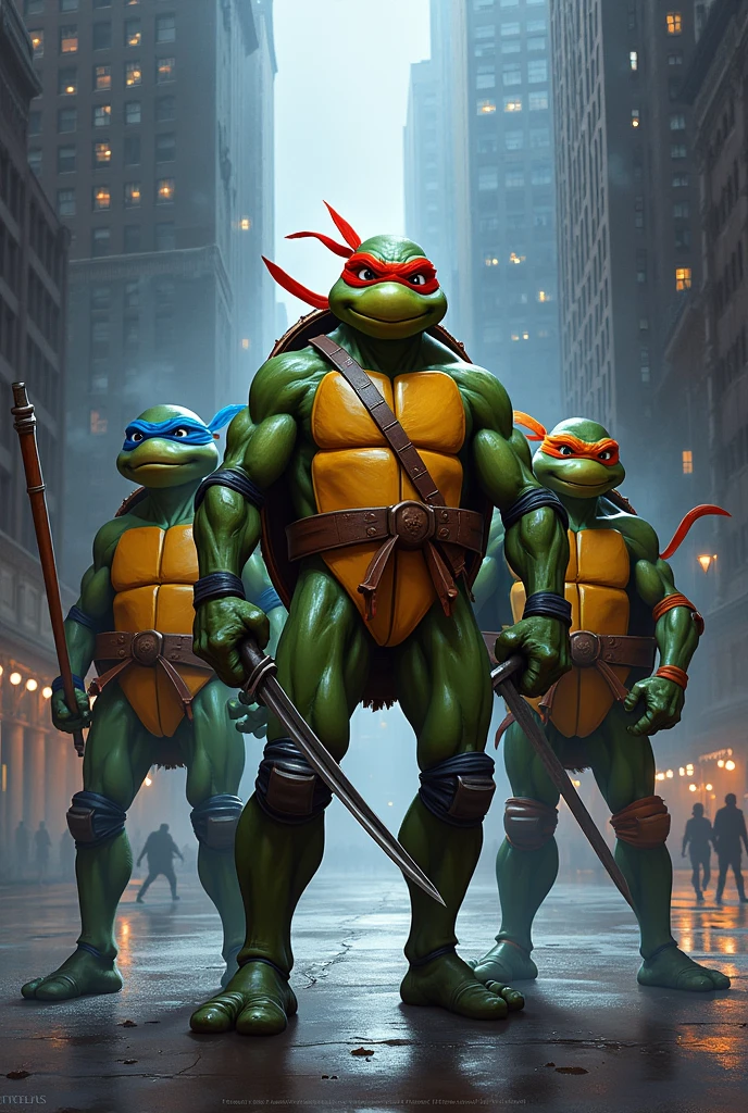 3 Ninja turtles name order one in the middle and younger on the side