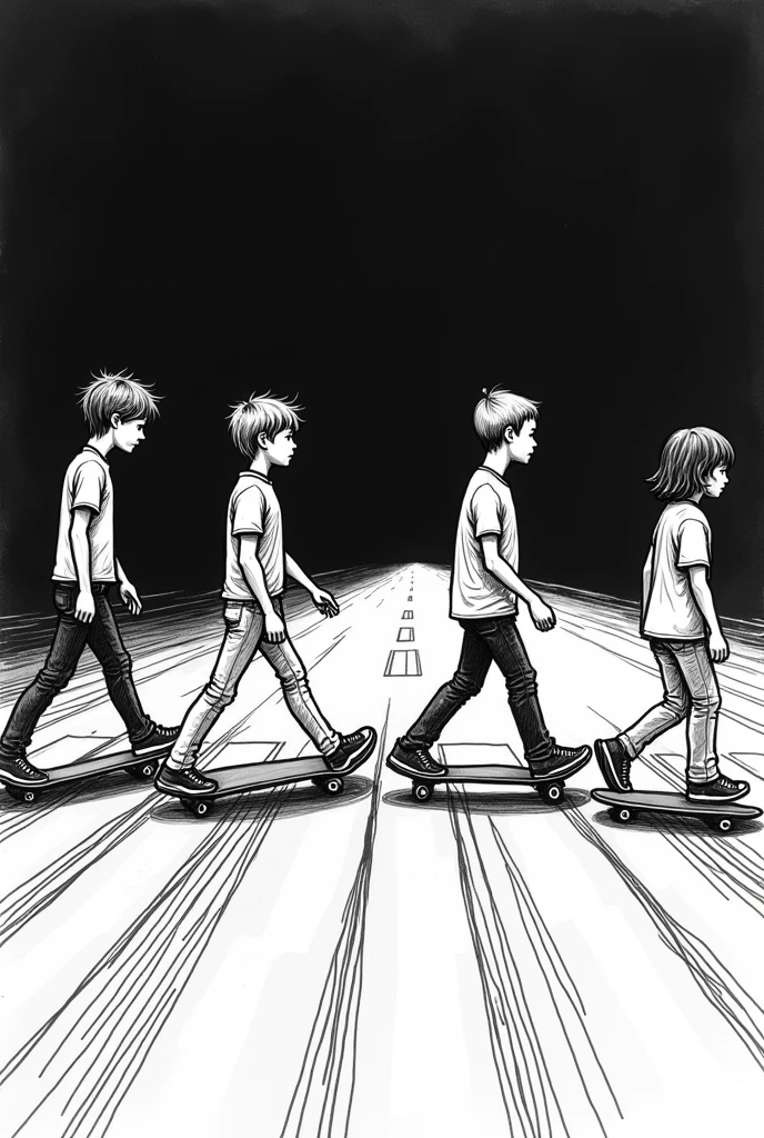 Create a rough line drawing of four skateboarder kids walking down Abbey Road。Background Black　Skateboarders only have lines
　