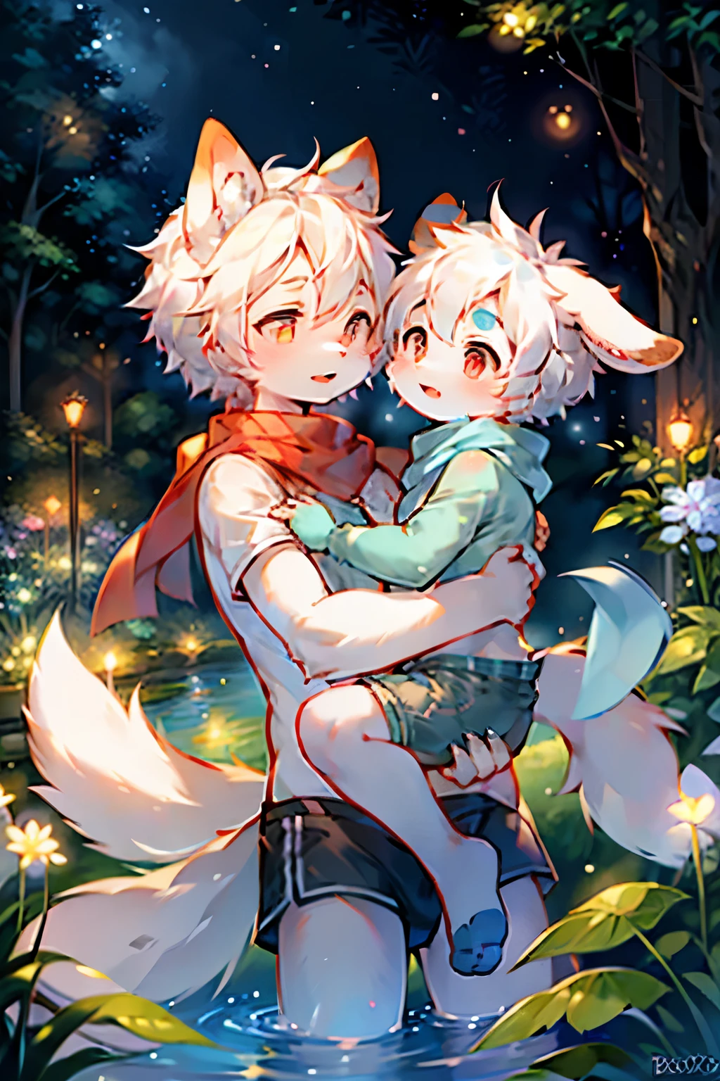 (Meisterwerk: 1,3), (2D: 1,0), (Anime: 1,0), (Illustration: 1,0). cute scene of a 16 year old male wolf entering into another 16 year old male wolf from behind hidden within sume bushes, samze size, same height, equal height, bent over, bending over, hands on wall, hands on hips, close, embrace, hugging, humping ass, penetrating ass, making love, penetration, standing, standing behind, behind, one behind the other, from behind, uploaded to e621, erect, erection, big genitalia, , small, red eyes, shota, shota boy, boy, muscular shota, bara, boxershorts, naked ass, wet tongue hanging out, milk dripping from tongue, socks, tank top, wristband, (masterpiece:1.2),(anatomically correct:1.1), high quality:1.3, 2 arms, 2 legs, 1 tail, fluffy tail, moe fang, cute fang, little fang, open mouth, closed eyes, looking up, blushing, cum, cum out, erotic, ass, plump ass, large plump ass, night, wooden hut, stars, falling leaves, trees, wind, bushes, hidden within bushes, vegetation, river, low saturation, simple color palette