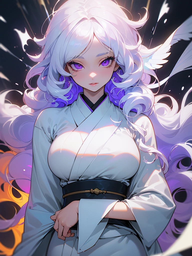 ((ultra quality)), ((masterpiece)), ((Water)), ((fire)), ((Angelic beauty woman)), ((long white curly hair)), ((White hair)), ((White hair)), ((curly hair)), (beautiful face), (beautiful female lips), Enchanting ((Seductive facial expression)), looks at the camera with a slight smile, (White skin color), (White skin), glow on the body, ((detailed eyes)), ((violet eyes)), (juicy female lips), (dark eyeliner), (beautiful female hands), ((thick body)), ideal female body, ((white kimono)), beautiful waist, beautiful big hips, big breasts, thick thighs, ((Subtle and beautiful)) (), ((depth of field)), ((high quality clear image)), (delete details), ((High detail)), ((clear focus))