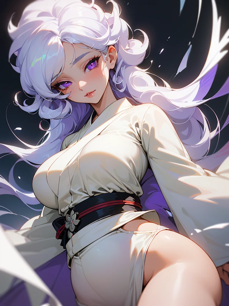((ultra quality)), ((masterpiece)), ((Water)), ((fire)), ((Angelic beauty woman)), ((long white curly hair)), ((White hair)), ((White hair)), ((curly hair)), (beautiful face), (beautiful female lips), Enchanting ((Seductive facial expression)), looks at the camera with a slight smile, (White skin color), (White skin), glow on the body, ((detailed eyes)), ((violet eyes)), (juicy female lips), (dark eyeliner), (beautiful female hands), ((thick body)), ideal female body, ((white kimono)), beautiful waist, beautiful big hips, big breasts, thick thighs, ((Subtle and beautiful)) (), ((depth of field)), ((high quality clear image)), (delete details), ((High detail)), ((clear focus))