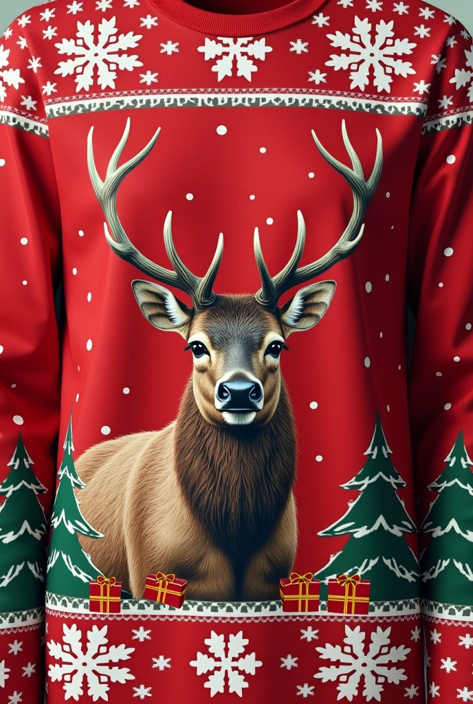 Vivid and cute elk pattern，Can be a whole elk or just the head，This cute character is instantly recognizable。Add Christmas elements to sweatshirts，Like snowflakes、gift box、Christmas tree, etc.，Complements the elk pattern。Red as main color，It creates a strong festive atmosphere。Crewneck sweatshirt，Pattern layout： The pattern can be placed on the chest，Choose the right layout based on your design needs and style。