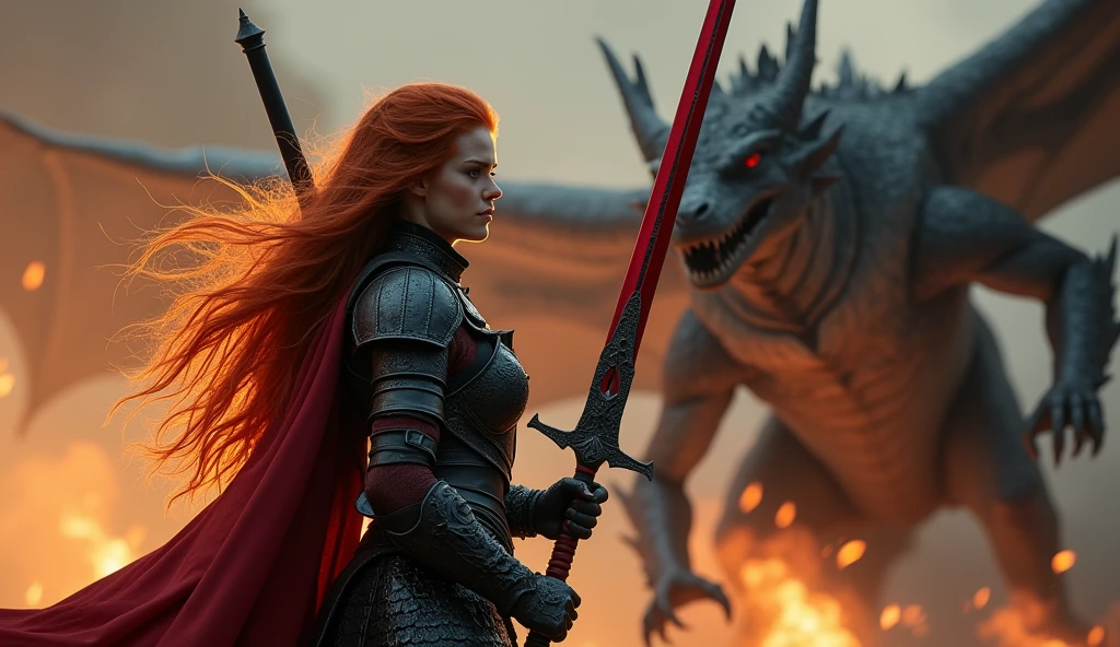 photorealistic image of a woman, ultrarealistic, photography, long red hair, woman, 24 years old, hourglass figure, perfect body, Flirty look, natural medium breasts, black metal armor, big red claymore sword on her back, fighting against a dragon (Maia:1), wide shot, cinematic shot, she is raising her sword, she is standing opposite of the dragon, the dragon is spewing fire into the air, Extreme Wide Shot (ELS), sideview