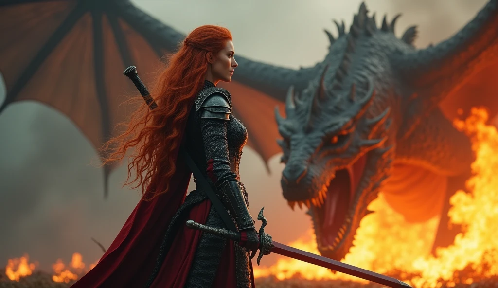 photorealistic image of a woman, ultrarealistic, photography, long red hair, woman, 24 years old, hourglass figure, perfect body, Flirty look, natural medium breasts, black metal armor, big red claymore sword on her back, fighting against a dragon (Maia:1), wide shot, cinematic shot, she is raising her sword, she is standing opposite of the dragon, the dragon is spewing fire into the air, Extreme Wide Shot (ELS), sideview