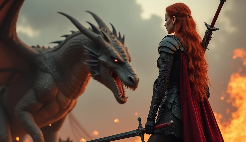 photorealistic image of a woman, ultrarealistic, photography, long red hair, woman, 24 years old, hourglass figure, perfect body, Flirty look, natural medium breasts, black metal armor, big red claymore sword on her back, fighting against a dragon (Maia:1), wide shot, cinematic shot, she is raising her sword, she is standing opposite of the dragon, the dragon is spewing fire into the air, Extreme Wide Shot (ELS), sideview