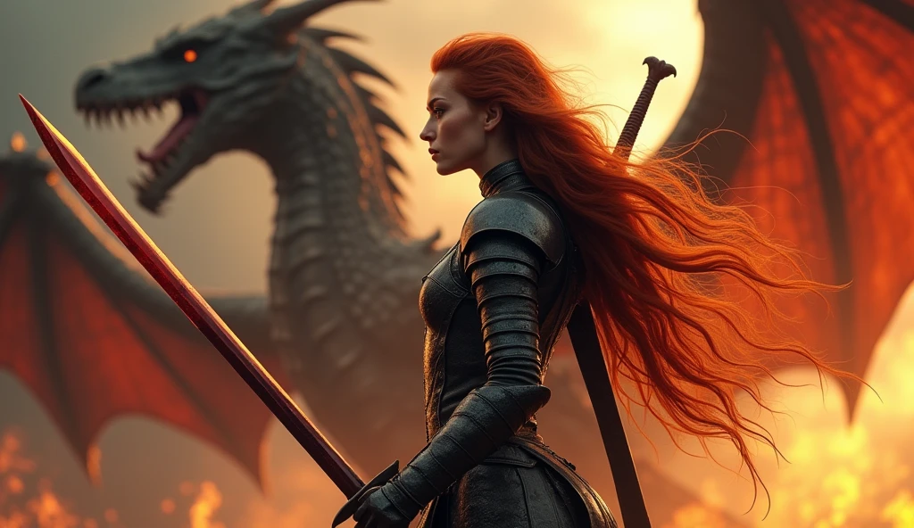 photorealistic image of a woman, ultrarealistic, photography, long red hair, woman, 24 years old, hourglass figure, perfect body, Flirty look, natural medium breasts, black metal armor, big red claymore sword on her back, fighting against a dragon (Maia:1), wide shot, cinematic shot, she is raising her sword, she is standing opposite of the dragon, the dragon is spewing fire into the air, Extreme Wide Shot (ELS), sideview