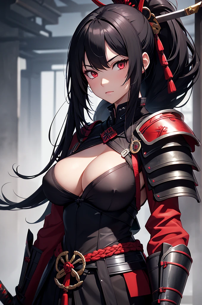 Woman samurai armor long black hair red eyes big breast village sword blood
