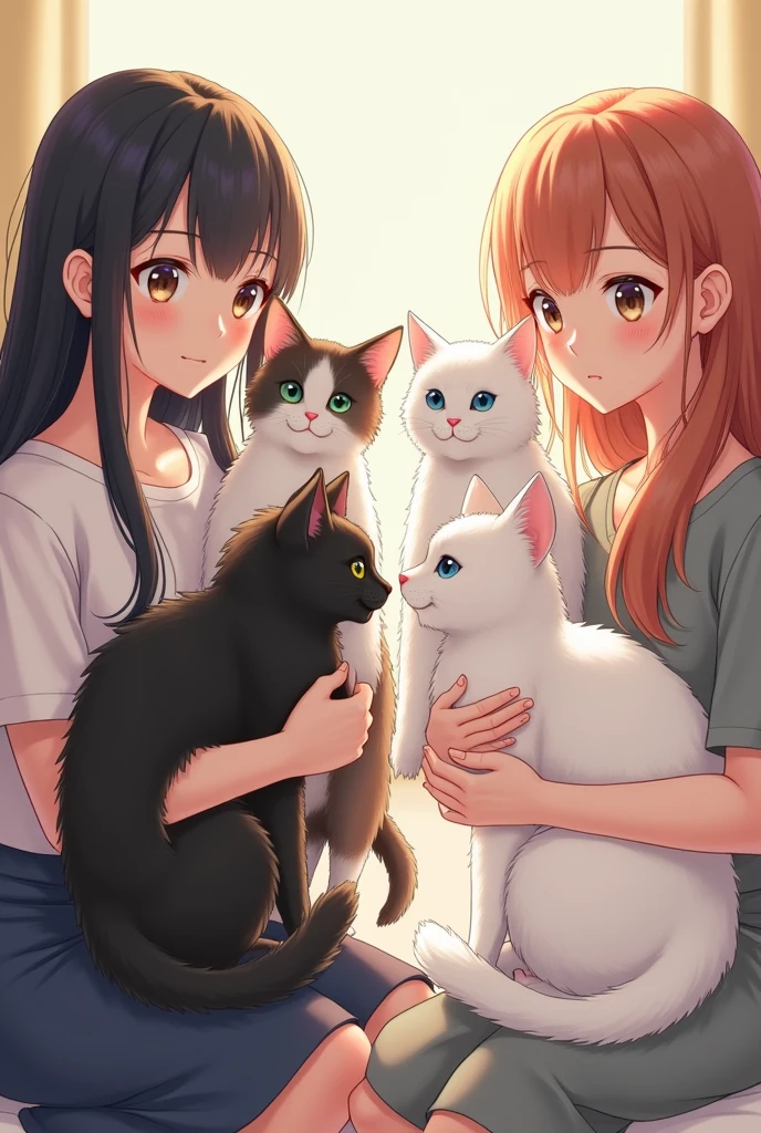 Bicolour cat with minimal black color, calico fluffy cat, black fluffy cat, black cat, white cat with blue eye colour, white fat cat and two woman holding them.
