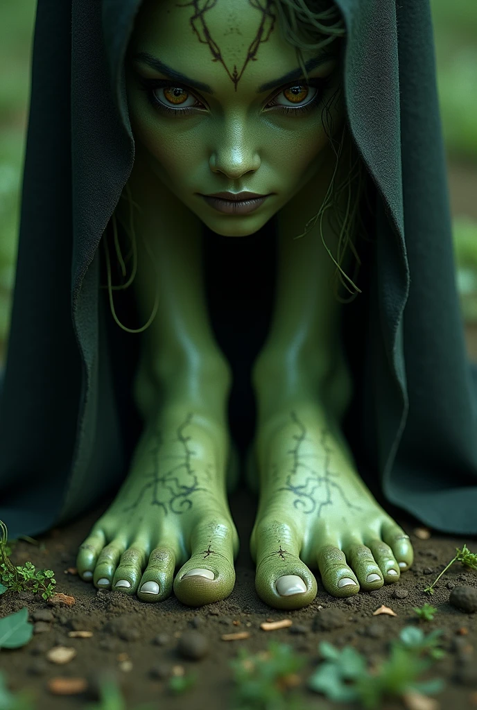 Witch, green bare feet closeup