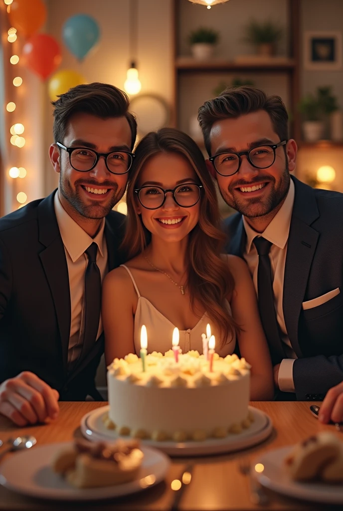 Two men, one clean-shaven and the other with a short beard, both wearing glasses and suit ties, throw a birthday party for a girl who also wears glasses