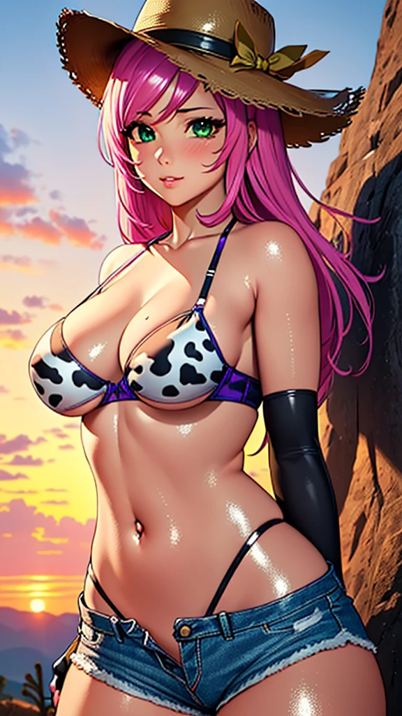 (large breasts:1.5),((pink hair,long pink hair)),(((green_eyes:1.3))),intricate eyes,beautiful detailed eyes,symmetrical eyes,((((lustrous skin:1.5,bright skin: 1.5,shiny skin,very shiny skin,shiny body)))),(spider lower abdomen,narrow waist,wide hip,athletic body,inflated legs,thick thighs),(((detailed face))),beautiful detailed lips,Highlighted feminine curves,athletic build,slim athletic waist, wide hips,fair skin, high cheekbones, straight nose, full lips, flat belly, thin waist, wide hips, large ass, long legs, thick thighs,
cute,slutty,sensual,seductive look,seductive,((erotic)),(((nsfw))),
((cowboy hat:1.5, cowboy western)), ((bra, bra with cow print design,wearing cow print bikini, cow print bikini top)), ((cheeky shorts,denim shorts, shorts shorts,blue mini jeans shorts,)),navel,(brown gloves,(fingerless gloves)),bare legs,exposed shoulders,cleavage,
dynamic pose,looking at viewer,embarrassed,centered,scale to fit dimensions,Rule of thirds,
outdoors,(in the mountains. Nevada desert visible. sunset),scenery,extremely scenery,(sunset, golden hour),
(Glossy old western ornaments),highres,sharp focus,(ultra detailed,extremely detailed),(photorealistic artwork:1.37),(extremely detailed CG unity 8k wallpaper),(((vibrant colors,vibrant theme))),(intricate),(masterpiece),(best quality),artistic photography,(photography taken by sldr),(intricate background),perfect rendered face,perfect face details,realistic face,photo realistic,((intricate detail)),(((realism))),