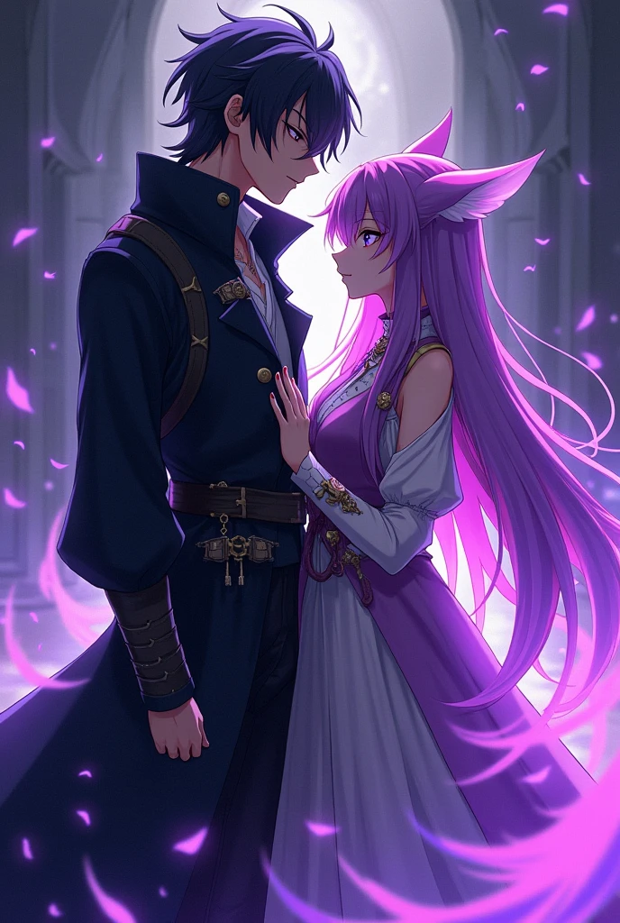 um casal, naughty man: tall black hair, eyes browns, ele e um shadowmancer suas vestes sao de um, the shadows near him come to life, Woman: Kitsune, purples eyes, She is a pyromancer, the flames near her turn purple, they are together as a couple, anime styling