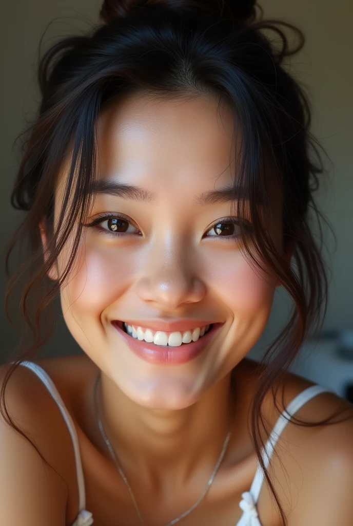 create a girl that looking pretty in a phone selfie, that looks like enami asa from bmoster that have Filipino features