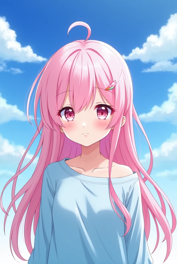 Anime girl pink long hair pink eyes sky-blue shirt 