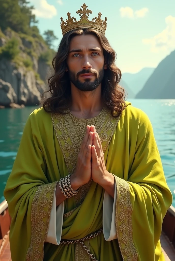Perfect hand 5 finger, Portrait of a handsome Jesus Christ wearing the lime king clothes with king crown in the boat, Jesus Christ, real blue eyes, sunny day, intricate details.real Jesus Christ, straight head face, Straight body.Prayer Jesus Christ, perfect full body, perfect hands finger,Prayer Jesus Christ, praying Jesus Christ backgrounds natural photographic