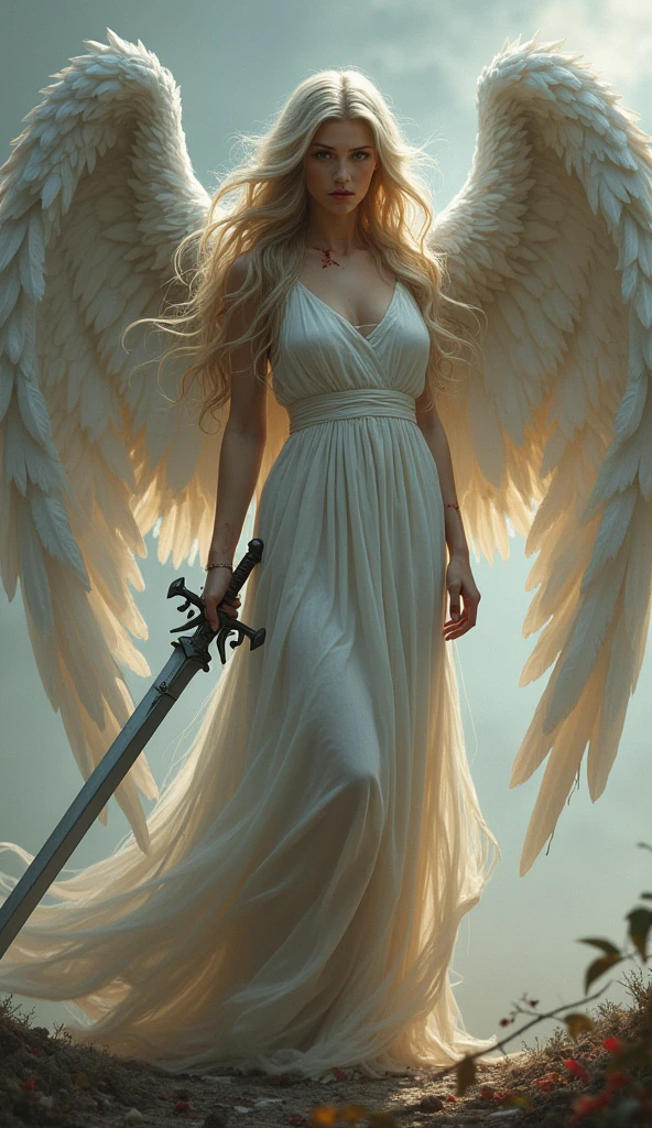 Beautiful woman in white short skirt, Flowing long hair, Calm expression, Clothes pleated details, Halo, grace, peaceful, Soft colors, Realistic style, Angel,Holding the holy sword in both hands,Wings with blood,Battle damage,Injuried,feather,battlefield,Dim background