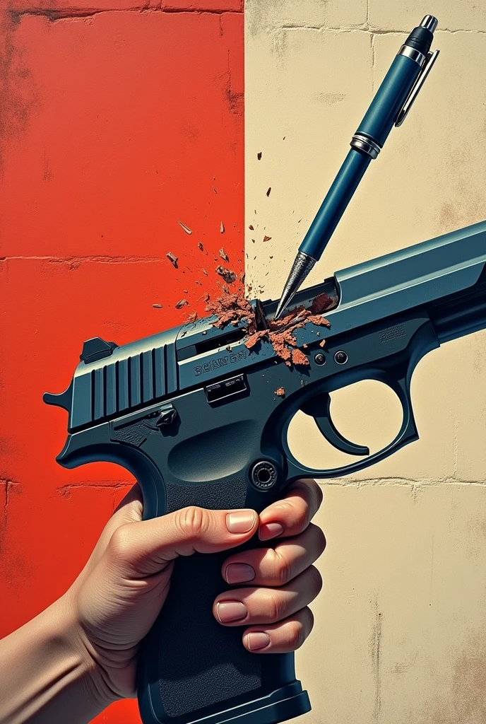 Breaking the Gun using a pen, wall art style, 3 colours