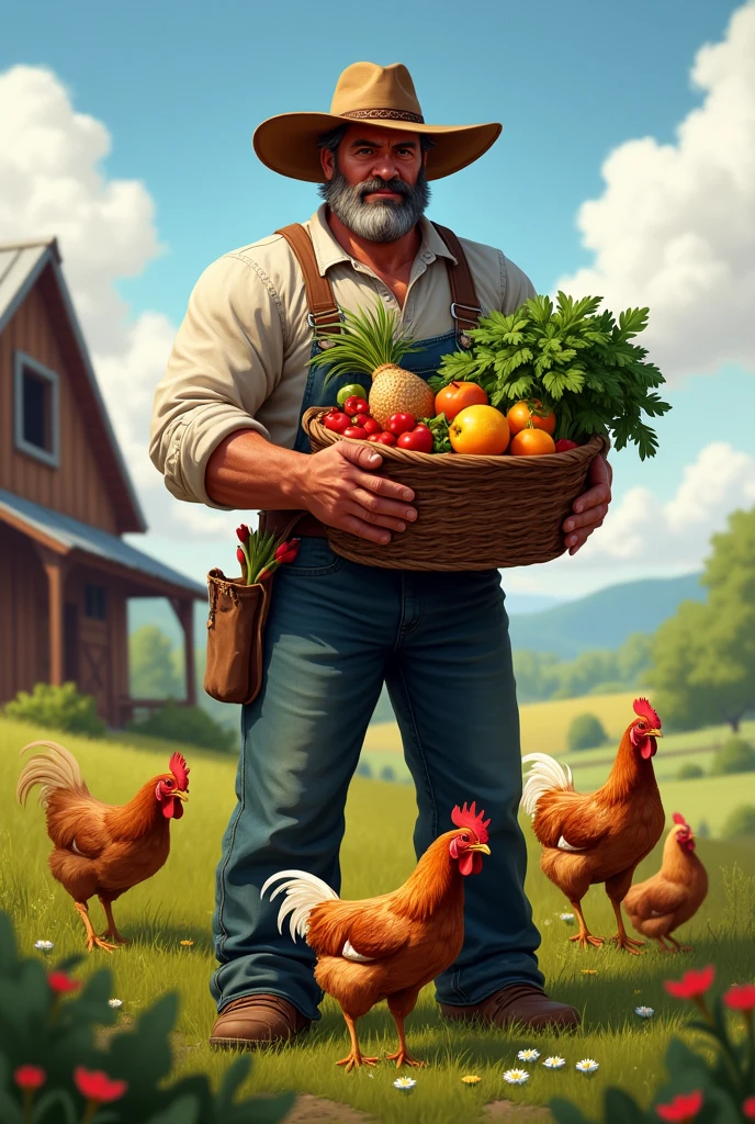 A handsome man is standing holding his harvest with farm and chickens background