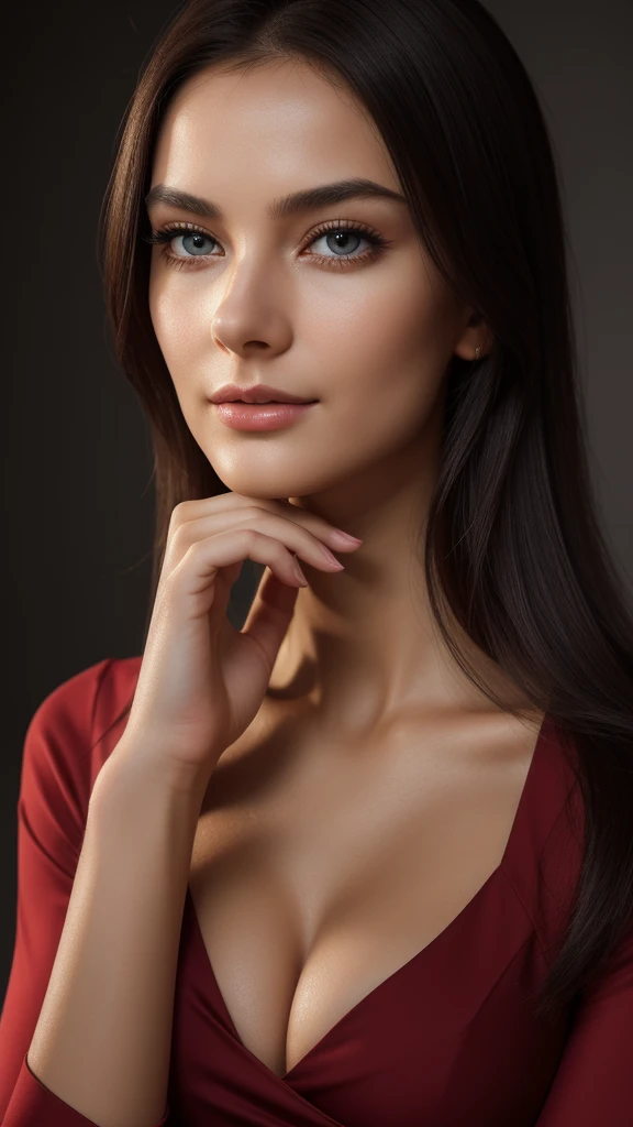 ((facial portraits, upper-body, close-up)),(best quality,4k,8k,highres,masterpiece:1.2),ultra-detailed,(realistic,photorealistic,photo-realistic:1.37),(1girl),(18years old),(((irene1:1.2))),(((Excella_er5:1.2))),(sharp focus:1.5),pearl skin,(skin pores:1.1),extremely detailed face and skin texture,(skin texture:1.1),black hair,tall and slender body,(192cm tall),thin and delicate figure,graceful posture,strong and defined muscles,flawless skin,defined abs,perfect curves,feminine appearance,embodying elegance and beauty,cleavage breasts,((wearing a (crimson) shirt dress)),vibrant color,extremely detailed and realistic clothes,(colorful),(film grain:1.3), colorful lighting,expressive faces,vivid eyes,dynamic poses,dramatic chiaroscuro,professional studio settings,creative composition,glowing highlights,subtle shadows,emotional expressions,authentic emotions,insta-worthy,high-fashion styles,lively backgrounds,individual character traits,unique personalities,powerful gazes,precise facial features,life-like hair textures,surreal elements,dreamy atmosphere,masterful brushstrokes,instantly captivating,mesmerizing gaze,natural beauty,realistic lighting effects,capturing the essence of the subject,unforgettable expressions.