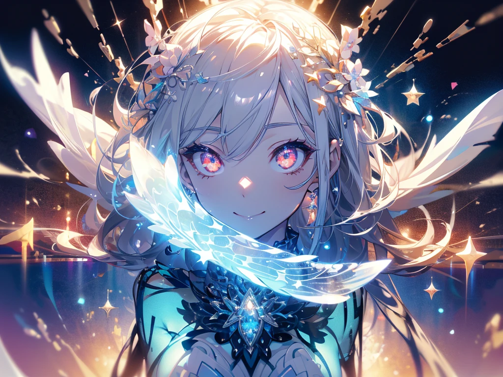 a beautiful detailed goddess in a white background, full body, perfect proportions, glowing white eyes, smiling, wearing high heels, fishnet stockings, stars decorations, extremely gorgeous, translucent, photorealistic, 8k, highly detailed, masterpiece
