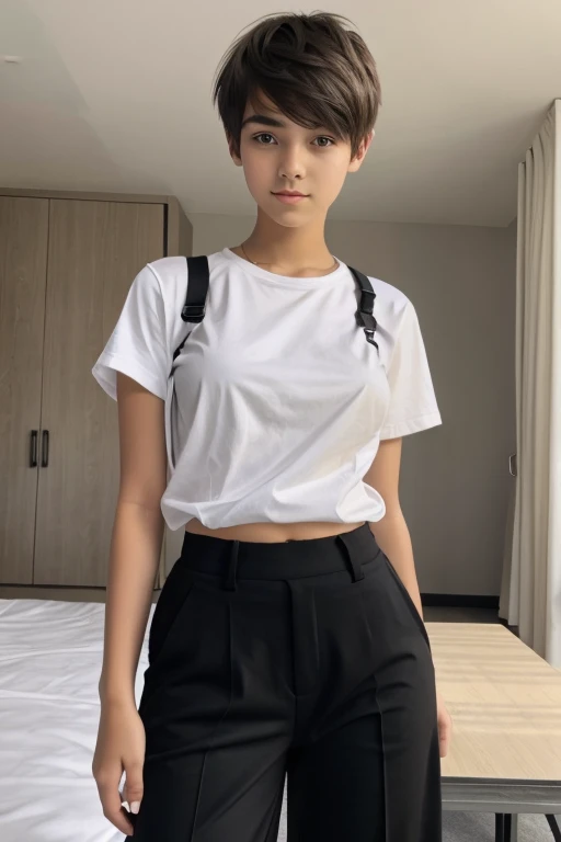 A  beautiful and slim girl, short hair, tomboy hairstyle, wearing school uniform, white shirt,long black pant, breasts can be seen.