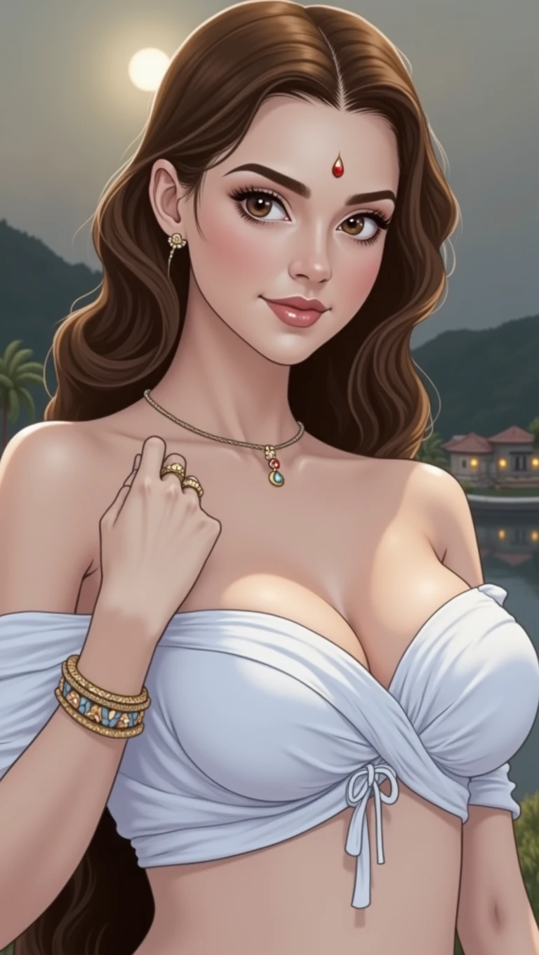 Beautiful young indian woman, village, wearing saree, river and mountain landsape, moonlit night, age, detailed face, detailed body, symmetric face, cute, iconic, photorealistic, big breasts, big belly, belly piercing, soft body, wavy hair, masterpiece, 8k, ultra realistic, detailed background, palace, god rays, ambient occlusion