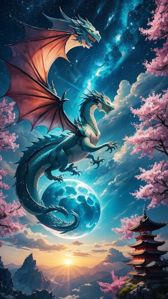 A mighty dragon rising to the heavens、Drawing against the backdrop of a starry sky。Light shines around the dragon、Increase motivation to achieve goals。Sugawara no Michizane, the god of learning、Smiling calmly in the quiet library。There are lots of books around、Stimulate the quest for knowledge。The owl symbolizes wisdom and academic achievement.、Resting on an open book。In the background, cherry blossoms in full bloom and the morning sun shining、Pointing to a hopeful future。