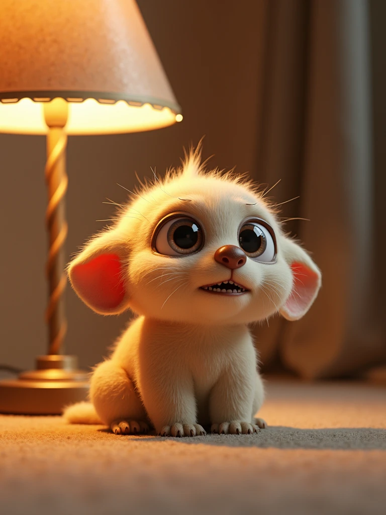 a small furry creature sitting on the floor next to a lamp, by maxim verehin, digital art, wide eyes shocked expression, c 4 d ”, bugs, button eyes