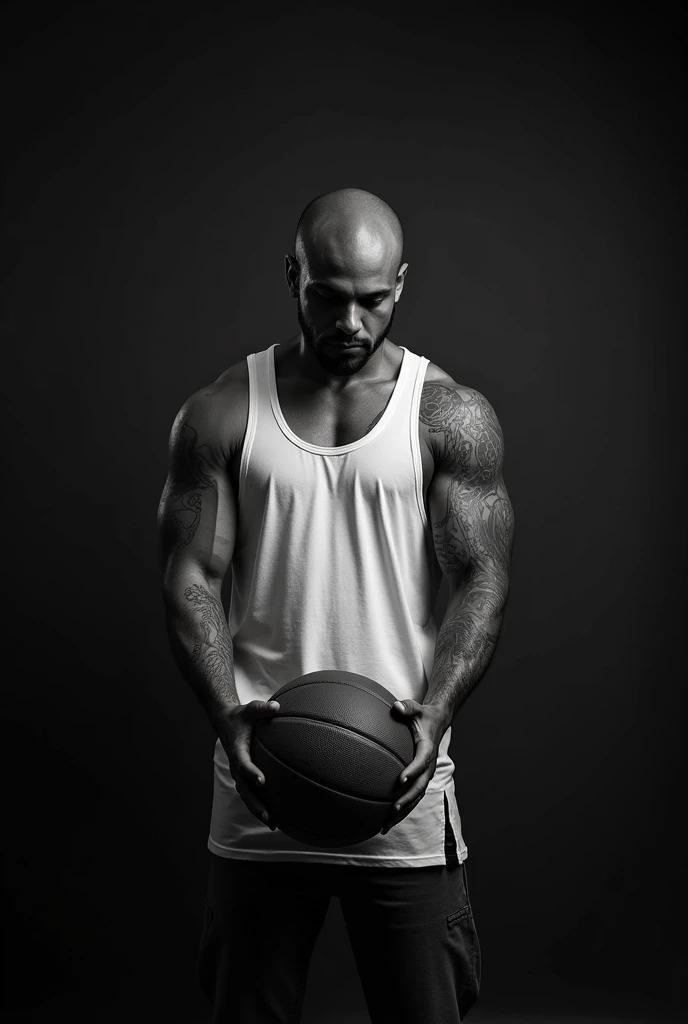 A black and white photo,The photo shows a strong black man in a white vest with cool tattoos on his arms,Bowing in front of the camera,Hold the ball in front of your chest with both hands,Dim Lights,Sense of atmosphere