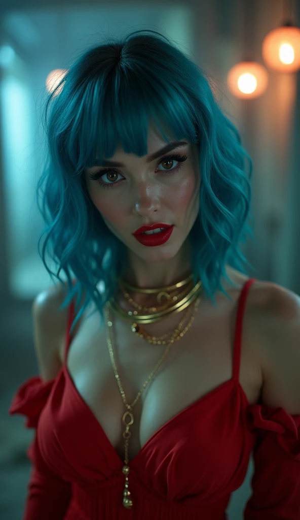 Extremely specific 4K photograph of a woman with Chanel blue hair, eyes black, seductive look and soft smile, red lipstick on the lips, golden accessories, wearing a long red dress in the horror park, halloween