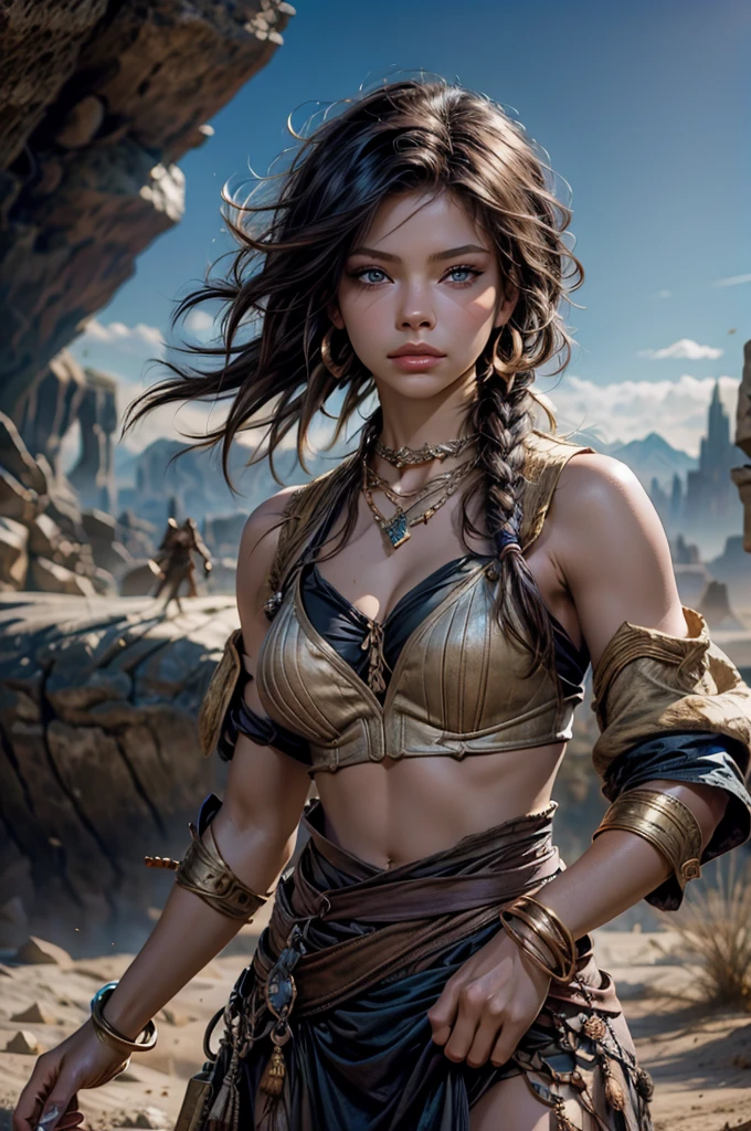 (Zendaya:Evangeline Lilly), Hyborian Age, ancient desert oasis, 10,000 BC, slightly muscular, Beautiful anime waifu style girl, hyperdetailed painting, luminism, art by Carne Griffiths and Wadim Kashin concept art, dark skin, bracelet, earrings, solo focus, dark-skinned female, midriff, blurry background, long hair, necklace, cleavage, black hair, skirt, realistic,