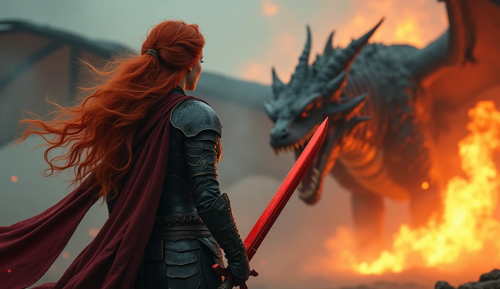 photorealistic image of a woman, ultrarealistic, photography, long red hair, woman, 24 years old, hourglass figure, perfect body, natural medium breasts, black metal armor, big red claymore sword on her back, fighting against a dragon (Maia:1), wide shot, cinematic shot, she is raising her sword, she is standing opposite of the dragon looking at it, the dragon is spewing fire into the air, Extreme Wide Shot (ELS), sideview