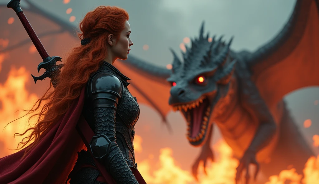 photorealistic image of a woman, ultrarealistic, photography, long red hair, woman, 24 years old, hourglass figure, perfect body, natural medium breasts, black metal armor, big red claymore sword on her back, fighting against a dragon (Maia:1), wide shot, cinematic shot, she is raising her sword, she is standing opposite of the dragon looking at it, the dragon is spewing fire into the air, Extreme Wide Shot (ELS), sideview
