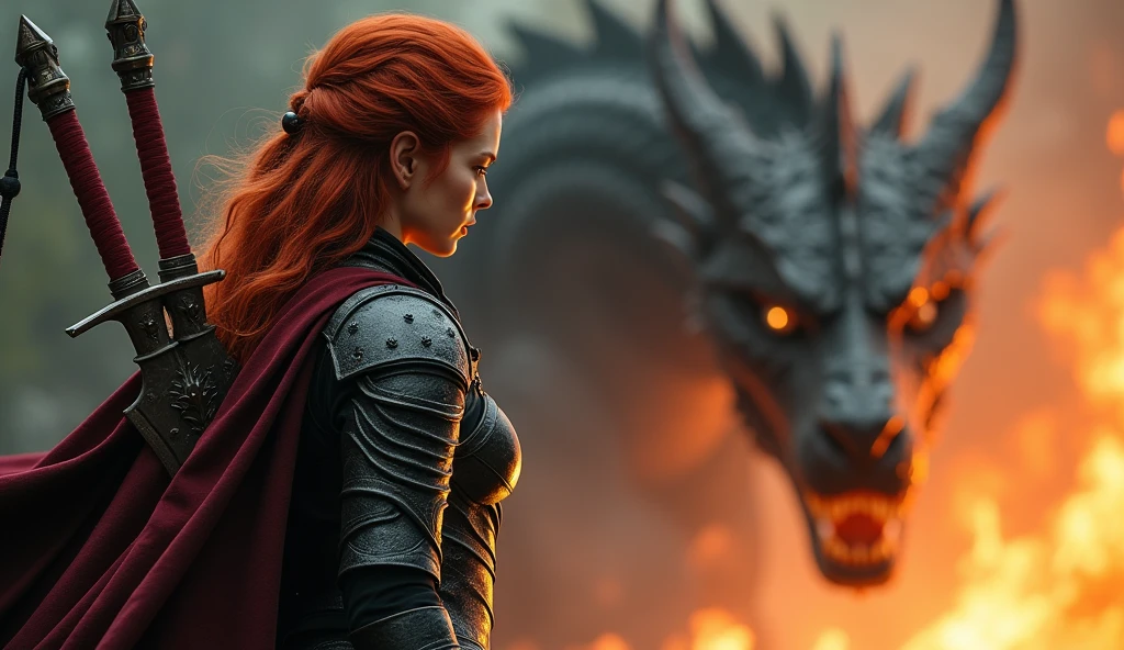 photorealistic image of a woman, ultrarealistic, photography, long red hair, woman, 24 years old, hourglass figure, perfect body, natural medium breasts, black metal armor, big red claymore sword on her back, fighting against a dragon (Maia:1), wide shot, cinematic shot, she is raising her sword, she is standing opposite of the dragon looking at it, the dragon is spewing fire into the air, Extreme Wide Shot (ELS), sideview