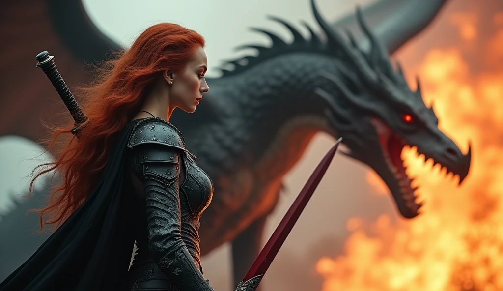 photorealistic image of a woman, ultrarealistic, photography, long red hair, woman, 24 years old, hourglass figure, perfect body, natural medium breasts, black metal armor, big red claymore sword on her back, fighting against a dragon (Maia:1), wide shot, cinematic shot, she is raising her sword, she is standing opposite of the dragon looking at it, the dragon is spewing fire into the air, Extreme Wide Shot (ELS), sideview