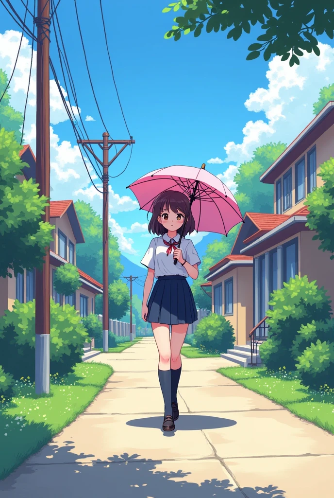 A rough pixel art of a high school girl walking around with a parasol on a sunny day.