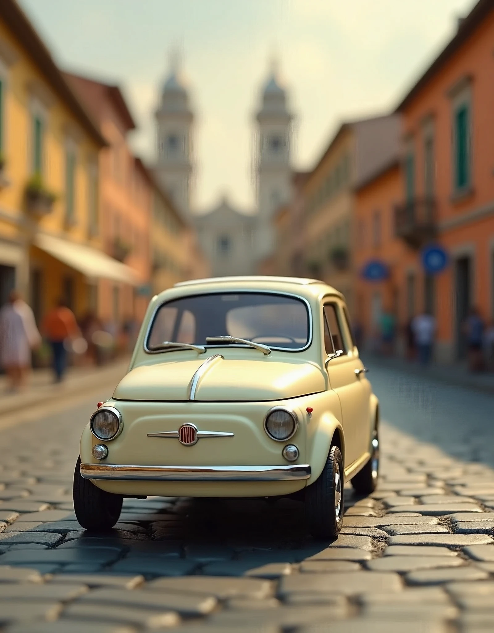 ((masterpiece,Highest quality,Highest quality)),Cream-colored Fiat 500 plastic model,Italian cityscape,Isometric 3D diorama,Matte Paint,Gentle lighting