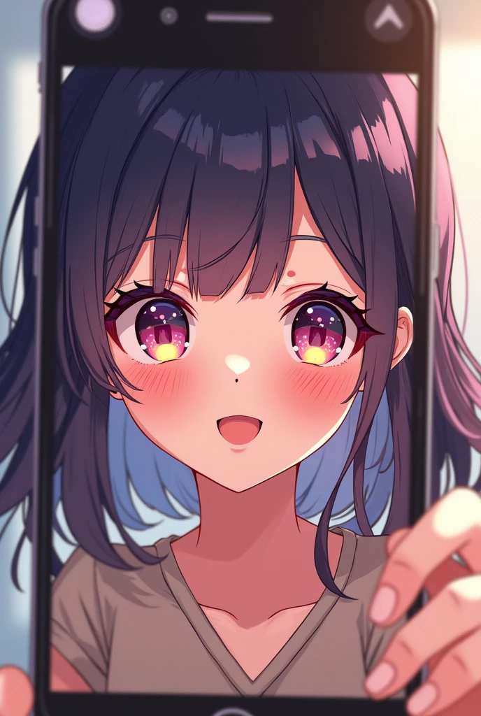 create a girl that looking pretty in a phone selfie, that looks like enami asa from bmoster