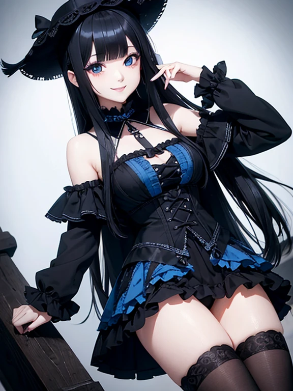 Asian girl, Long Black hair with bangs With large  blue colour eyes frilly micro miniskirt, heavy Goth makeup, Smile at the camera Gothic
