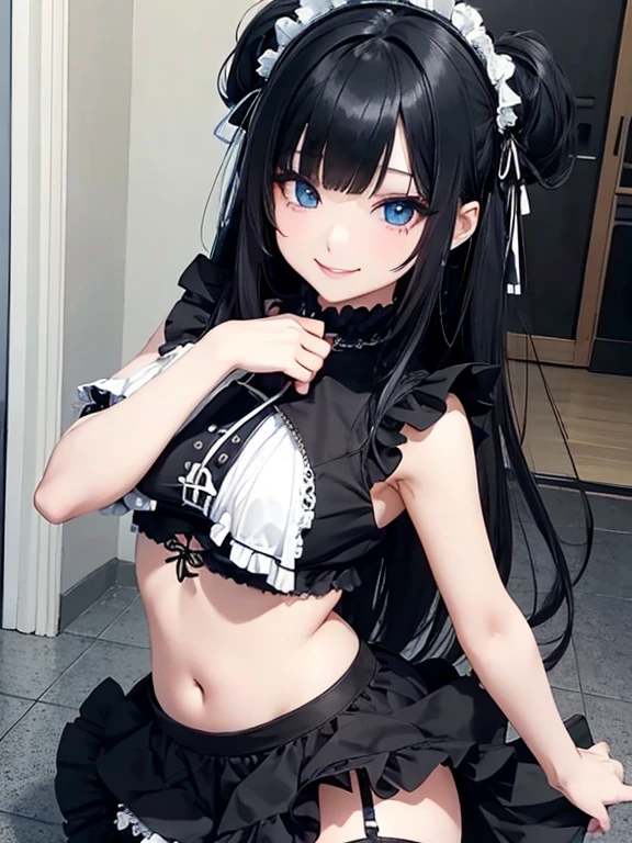 Asian girl, Long Black hair with bangs With large blue colour eyes frilly micro miniskirt, heavy Goth makeup, Smile at the camera Gothic