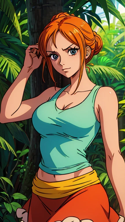 (1girl, Jane Porter), (extremely detailed CG unit 8k wallpaper),(master part), (best quality), (ultra detail), (best illustration),(One Piece Style), cowboy shot, (Sharp eyeliner, ombre, detailed eyes:1), exotic jungle background, break , upper body, white tank top, red skirt