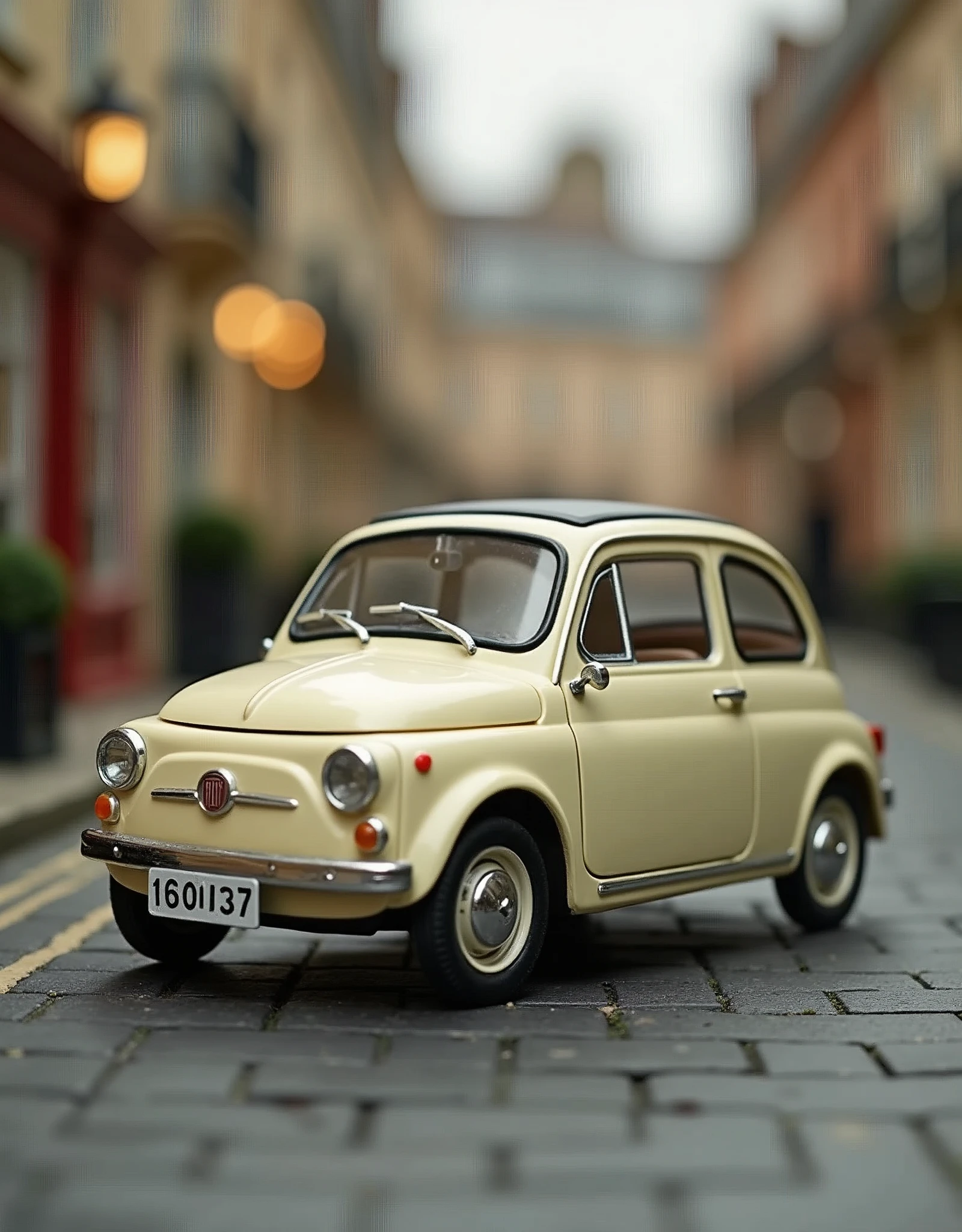 ((masterpiece,Highest quality,Highest quality)),Cream-colored Fiat 500 plastic model,Streets of England,Isometric 3D diorama,Matte Paint,Gentle lighting